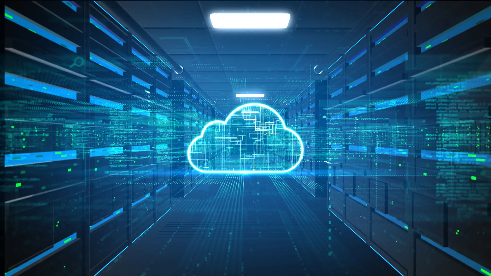 Cloud computing icon glowing in data center